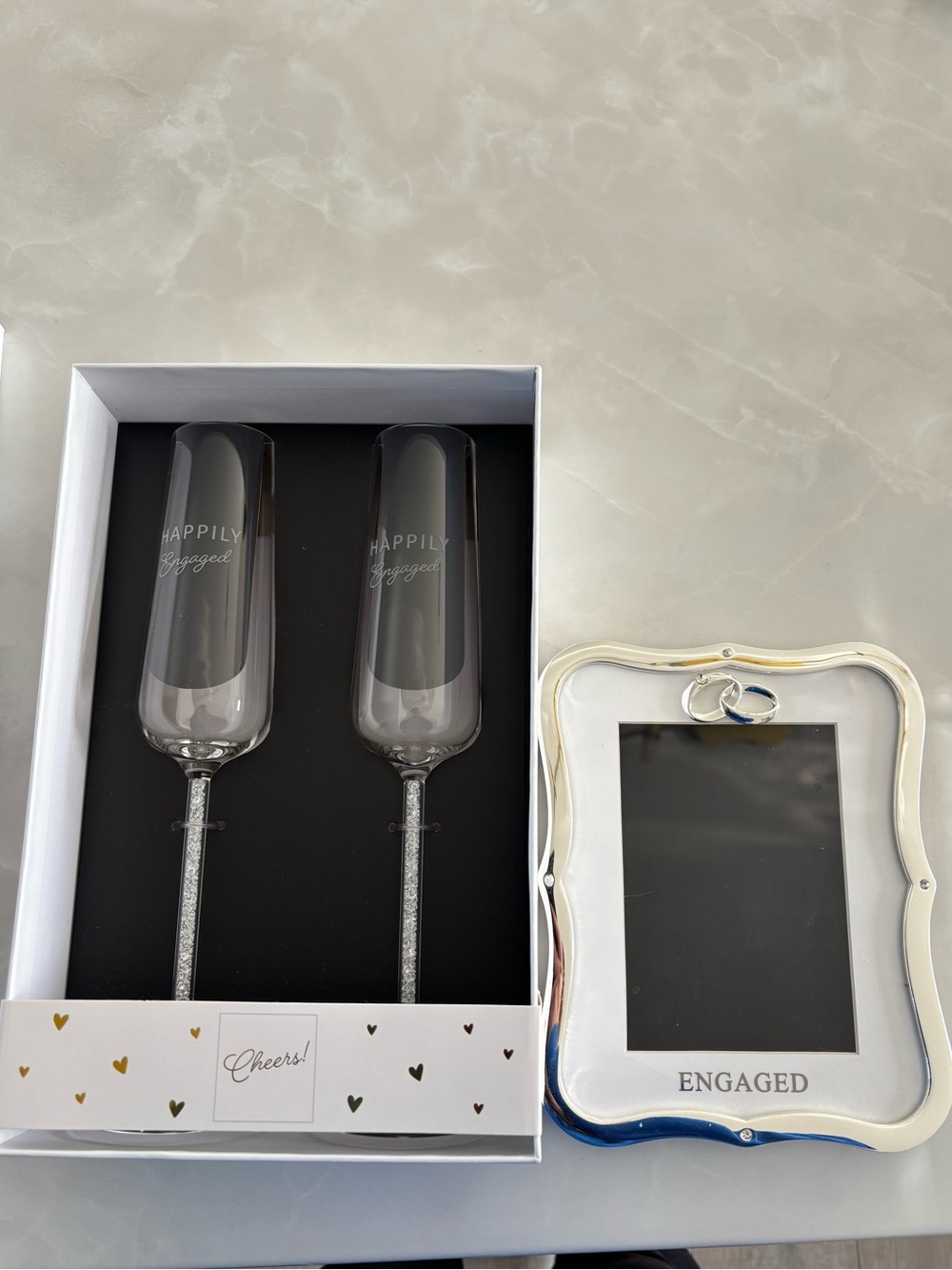 Happily Engaged Champagne Flutes & Engaged Photo Frame Set - Silver Accents
